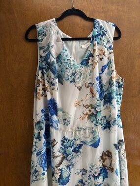 Sleeveless Floral Maxi Dress - Blue & Cream